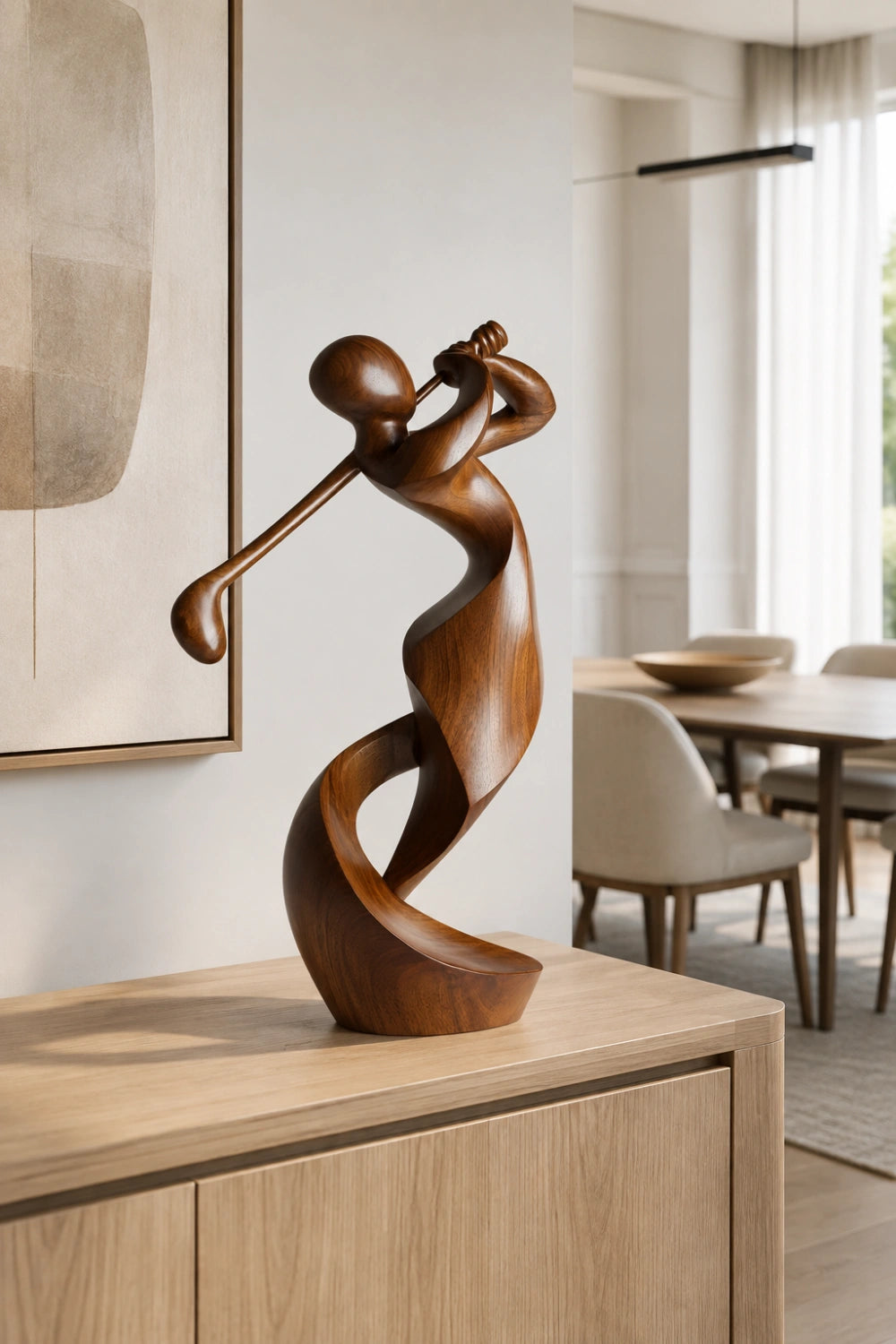 Carved Wood Golfer Sculpture | Abstract Golf Player Statue | Luxury Sports Decor