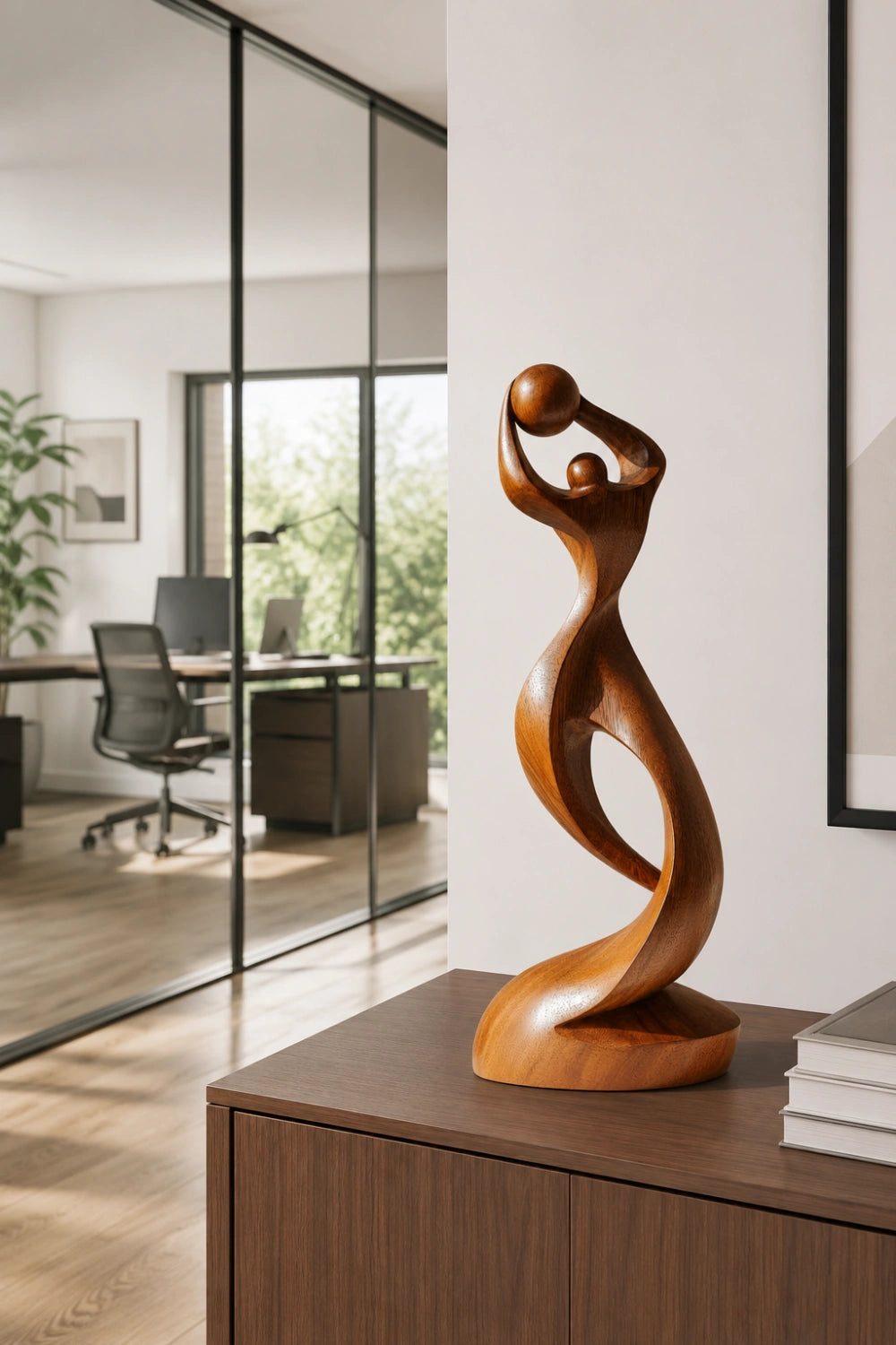 Arved Wood Basketball Sculpture | Abstract Athlete Statue | Modern Sports Decor
