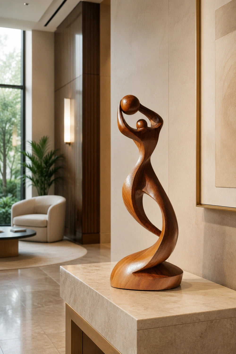 Arved Wood Basketball Sculpture | Abstract Athlete Statue | Modern Sports Decor