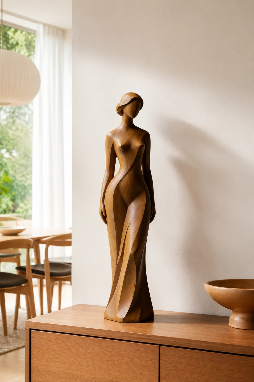 Wooden Female Statue | Abstract Woman Sculpture Decor