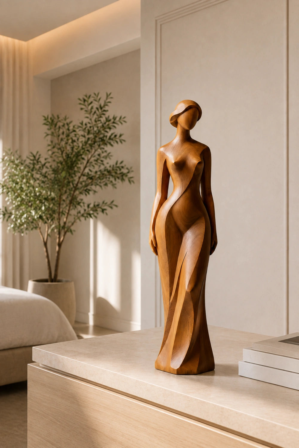 Wooden Female Statue | Abstract Woman Sculpture Decor