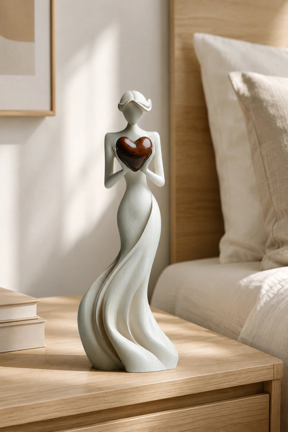 Woman Holding Heart Sculpture | Wooden Love Figurine