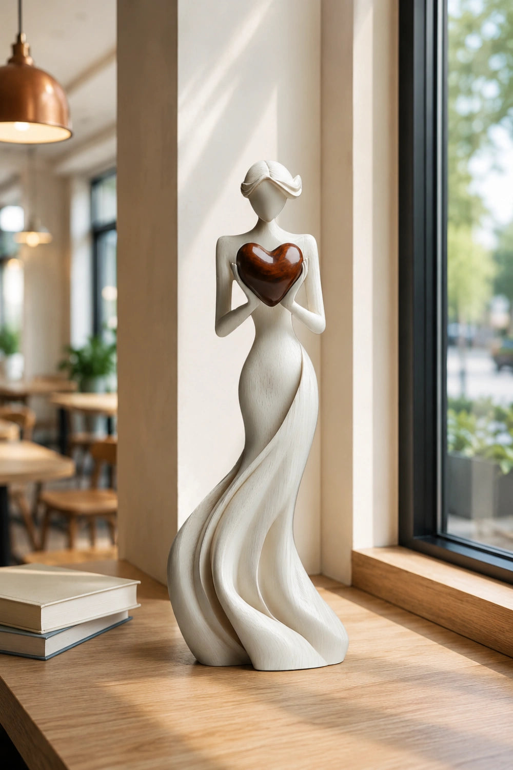 Woman Holding Heart Sculpture | Wooden Love Figurine