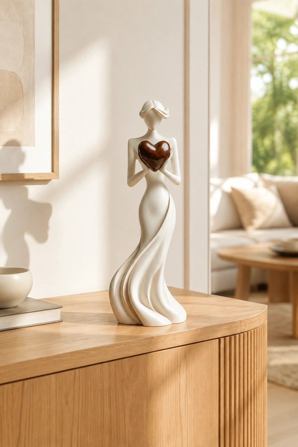 Woman Holding Heart Sculpture | Wooden Love Figurine