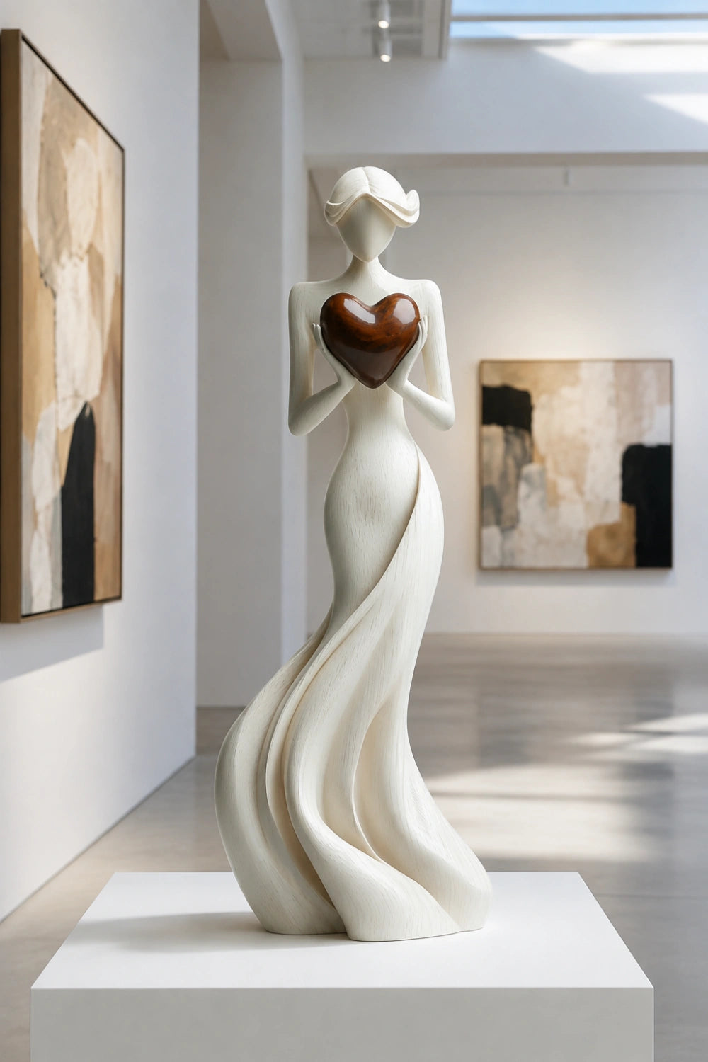 Woman Holding Heart Sculpture | Wooden Love Figurine