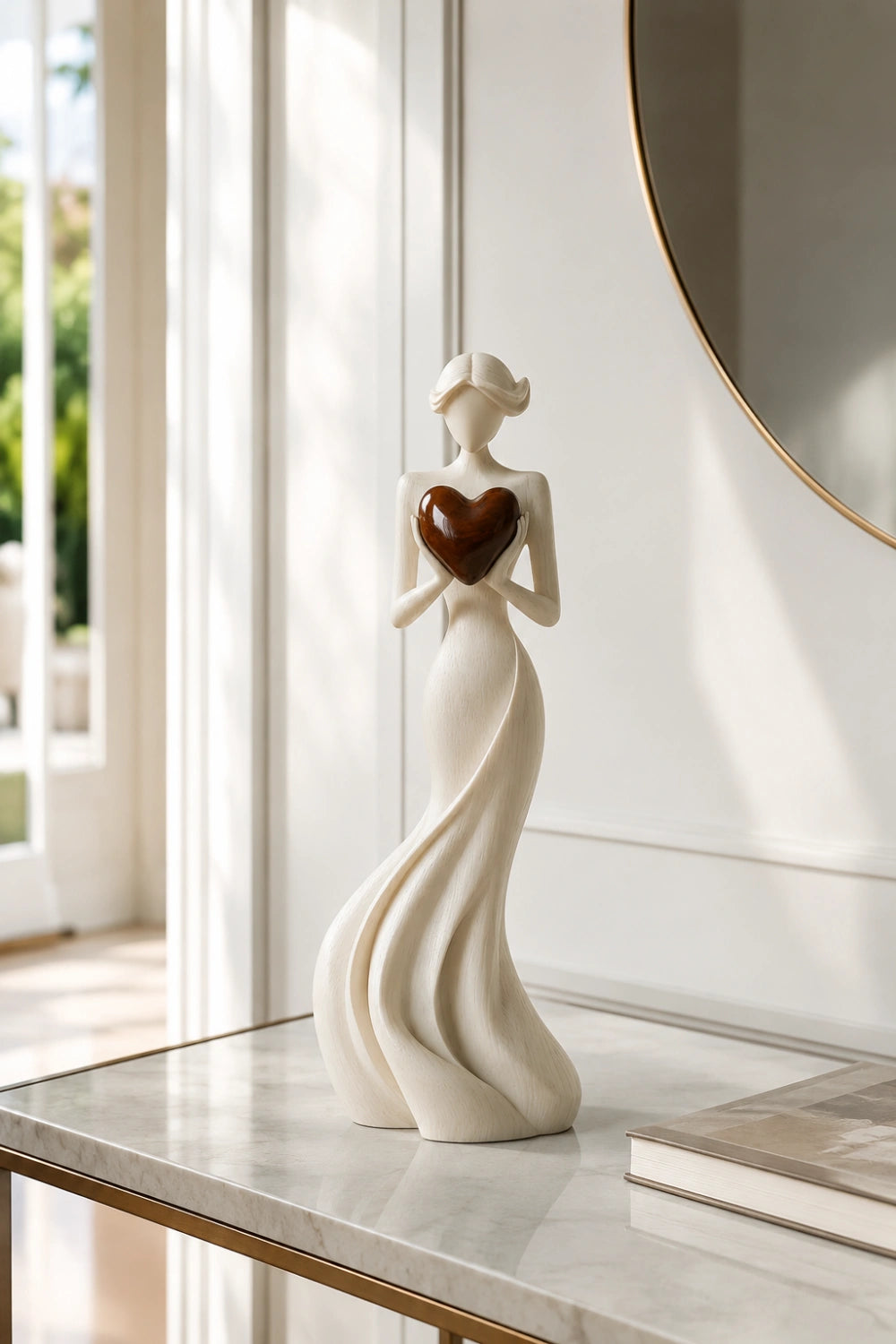 Woman Holding Heart Sculpture | Wooden Love Figurine