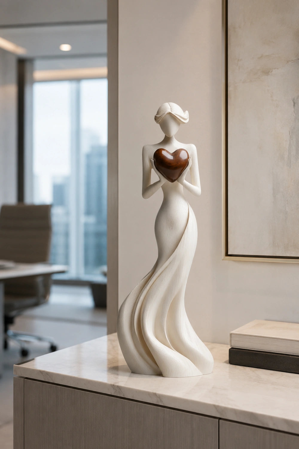 Woman Holding Heart Sculpture | Wooden Love Figurine