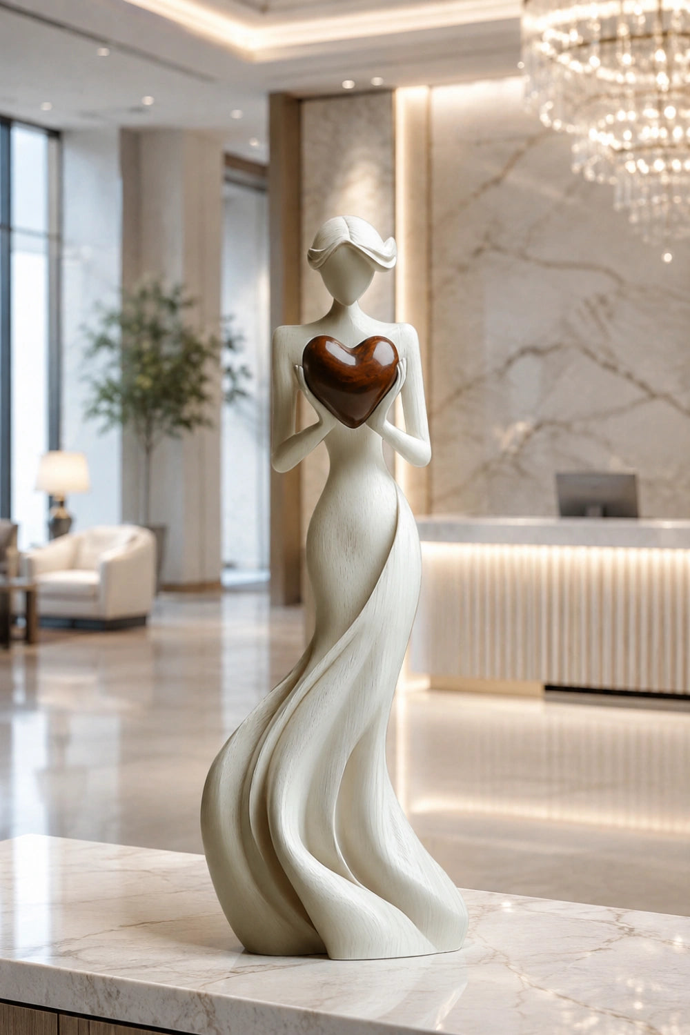 Woman Holding Heart Sculpture | Wooden Love Figurine