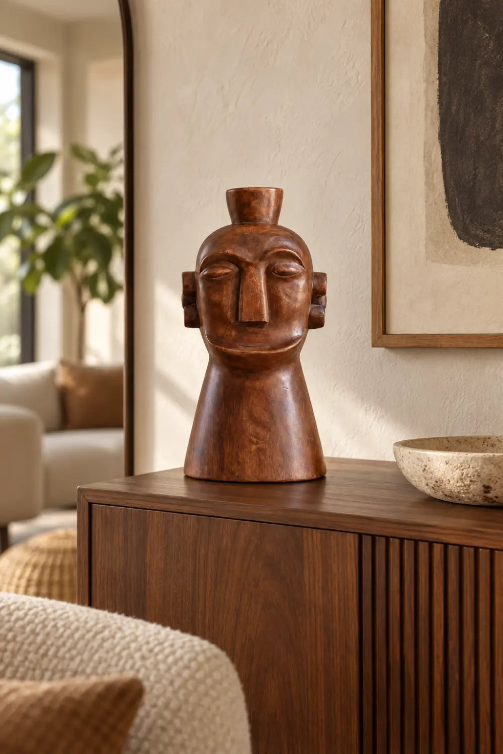 Handcrafted Wooden Tribal Head Bust Statue | Primitive Face Sculpture Decor