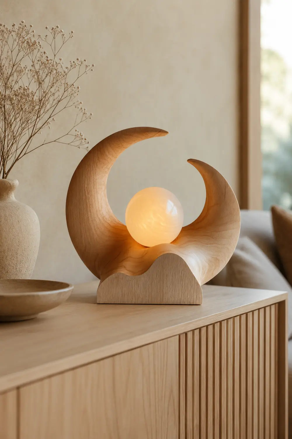 Abstract Crescent Wood Lamp | Serene Wabi-Sabi Decor Unique Gift