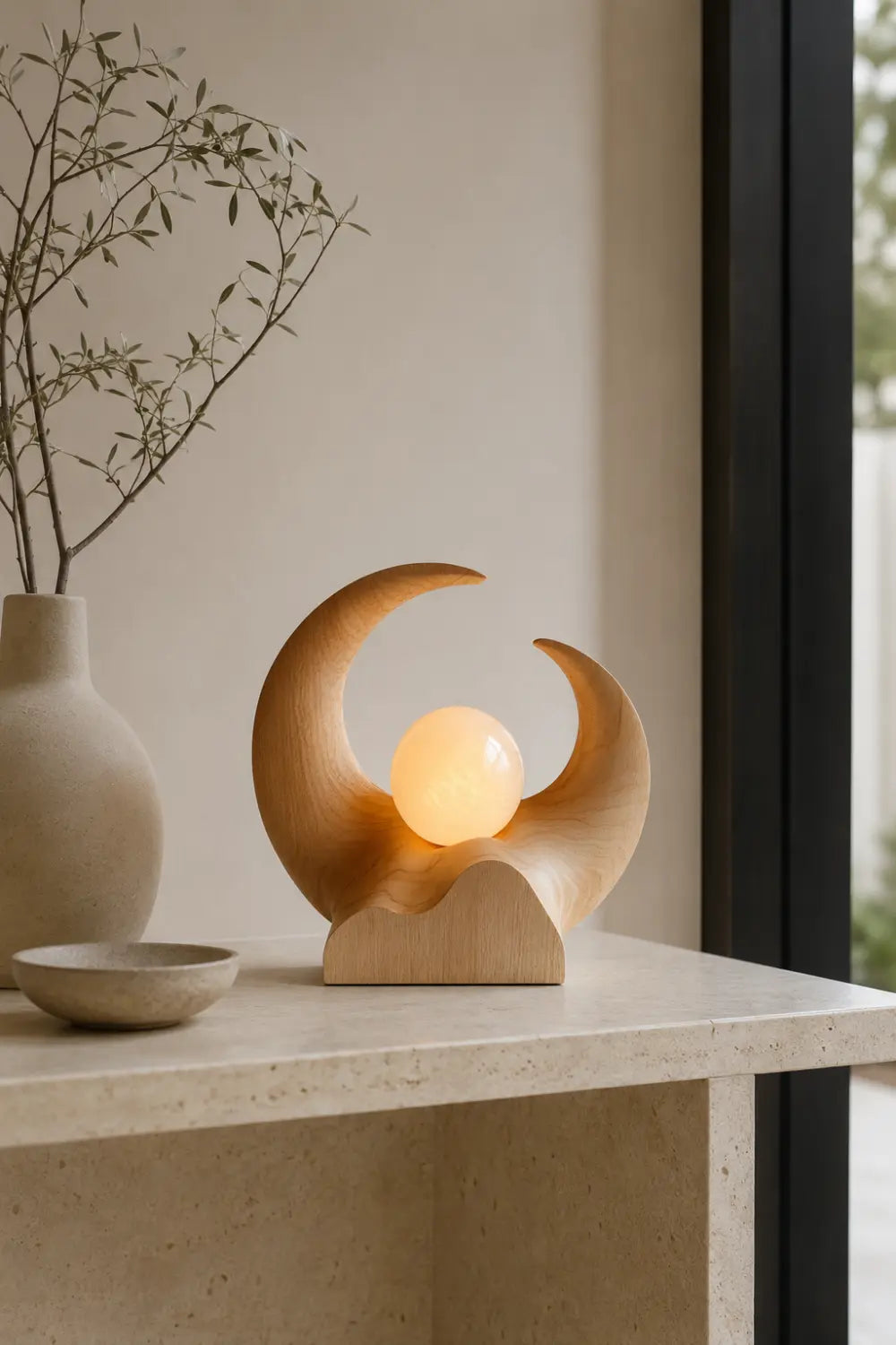 Abstract Crescent Wood Lamp | Serene Wabi-Sabi Decor Unique Gift