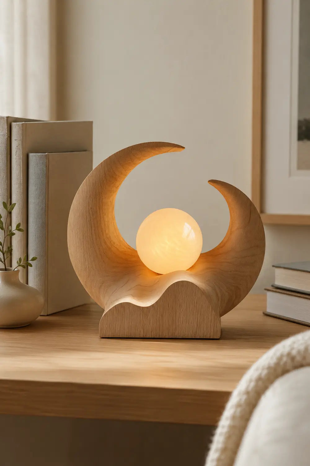 Abstract Crescent Wood Lamp | Serene Wabi-Sabi Decor Unique Gift