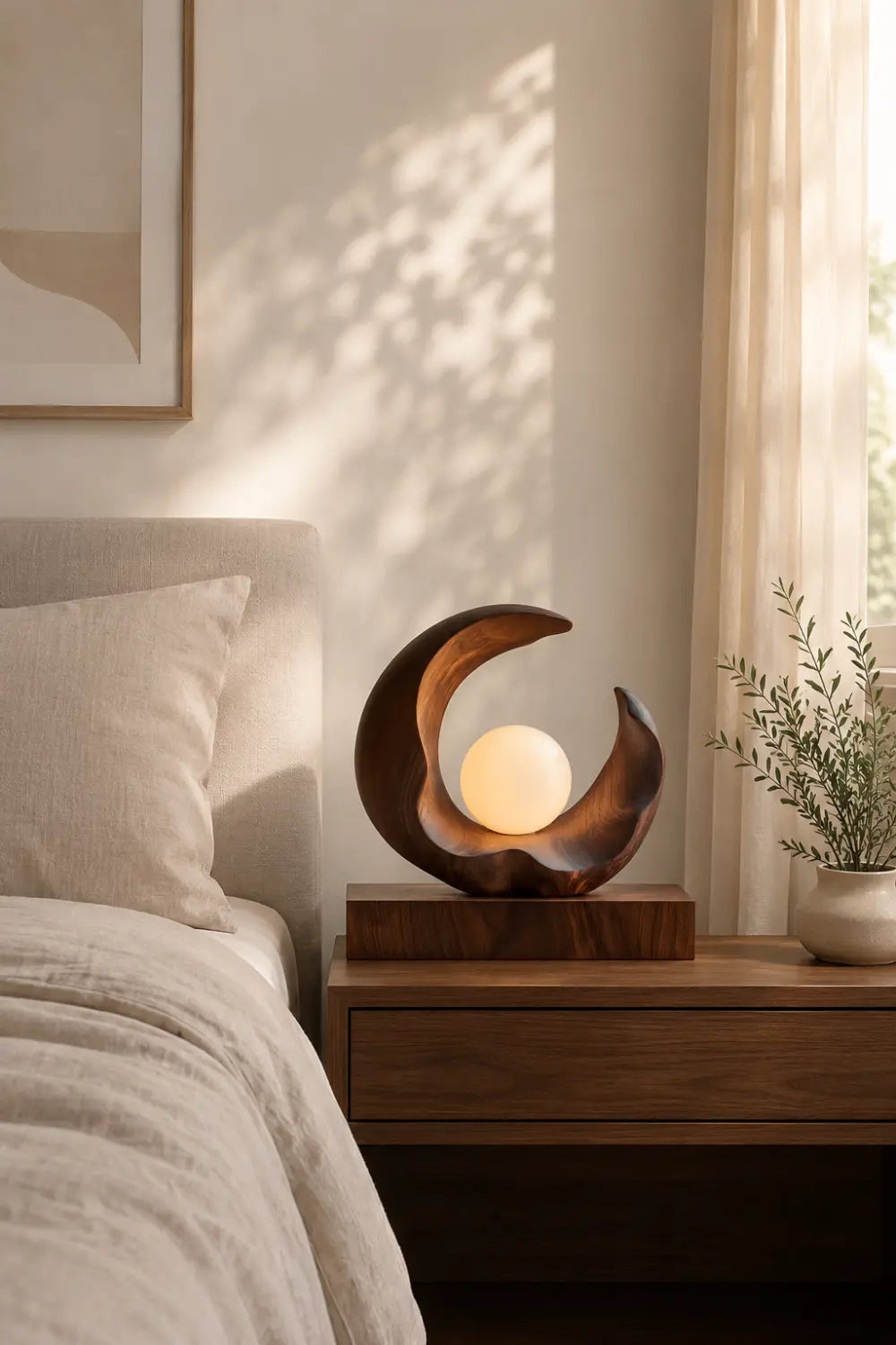 Sculptural Wood Crescent Lamp | Modern Orb Mood Decor Unique Gift Idea