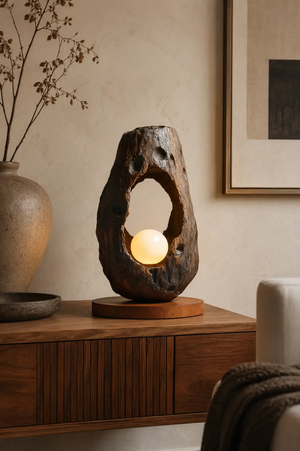 Primitive Hollowed Wood Orb Lamp | Wabi-Sabi Raw Art Decor Unique Gift Idea