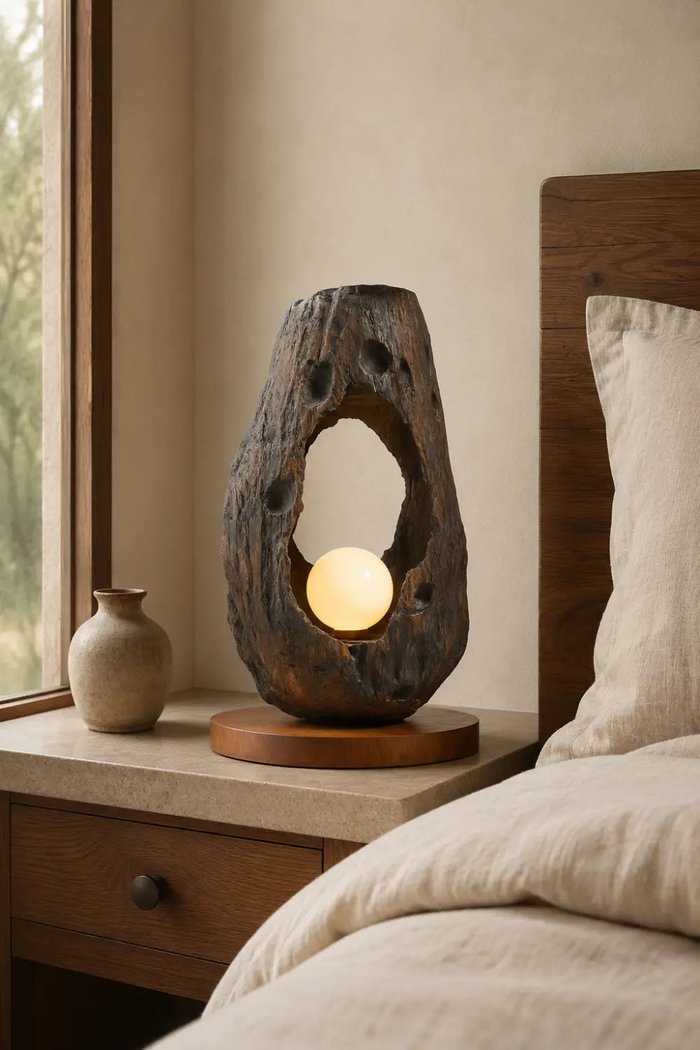 Primitive Hollowed Wood Orb Lamp | Wabi-Sabi Raw Art Decor Unique Gift Idea