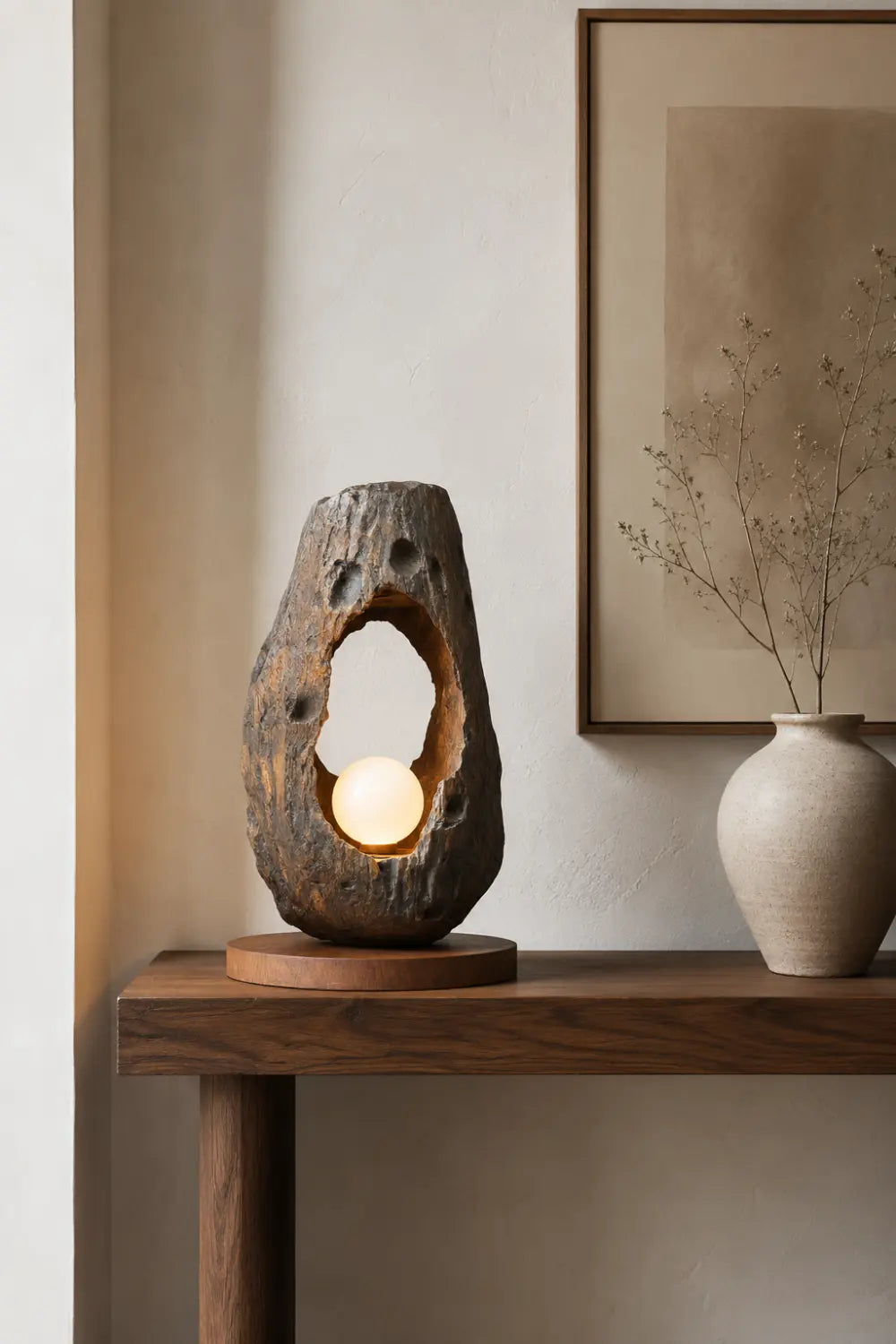 Primitive Hollowed Wood Orb Lamp | Wabi-Sabi Raw Art Decor Unique Gift Idea
