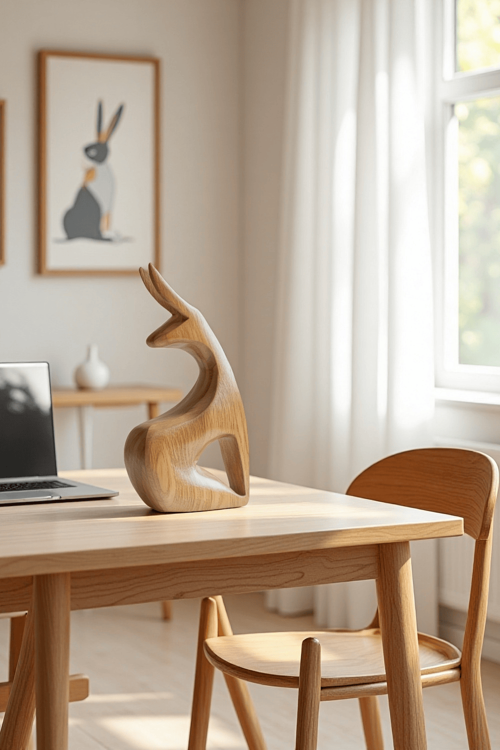 Abstract Wooden Animal Rabbit Sculpture Handcrafted Minimalist Decor