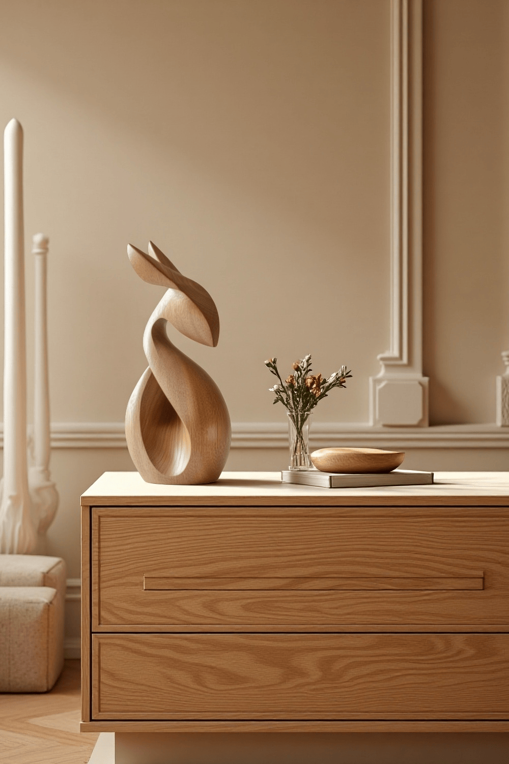 Abstract Wooden Animal Rabbit Sculpture Handcrafted Minimalist Decor