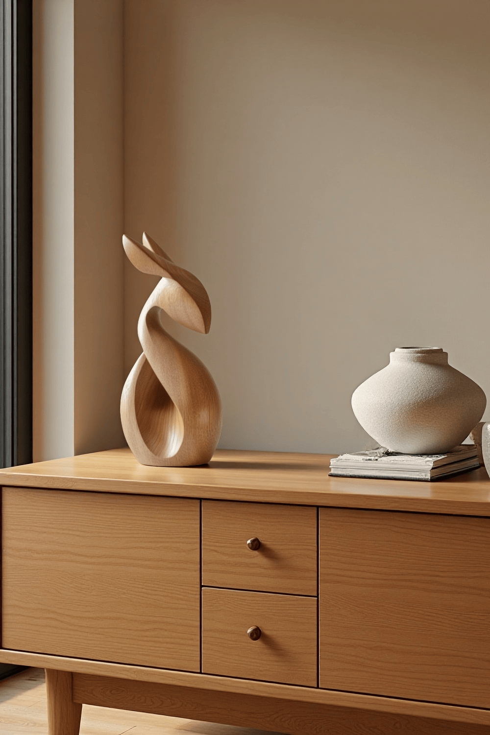 Abstract Wooden Animal Rabbit Sculpture Handcrafted Minimalist Decor