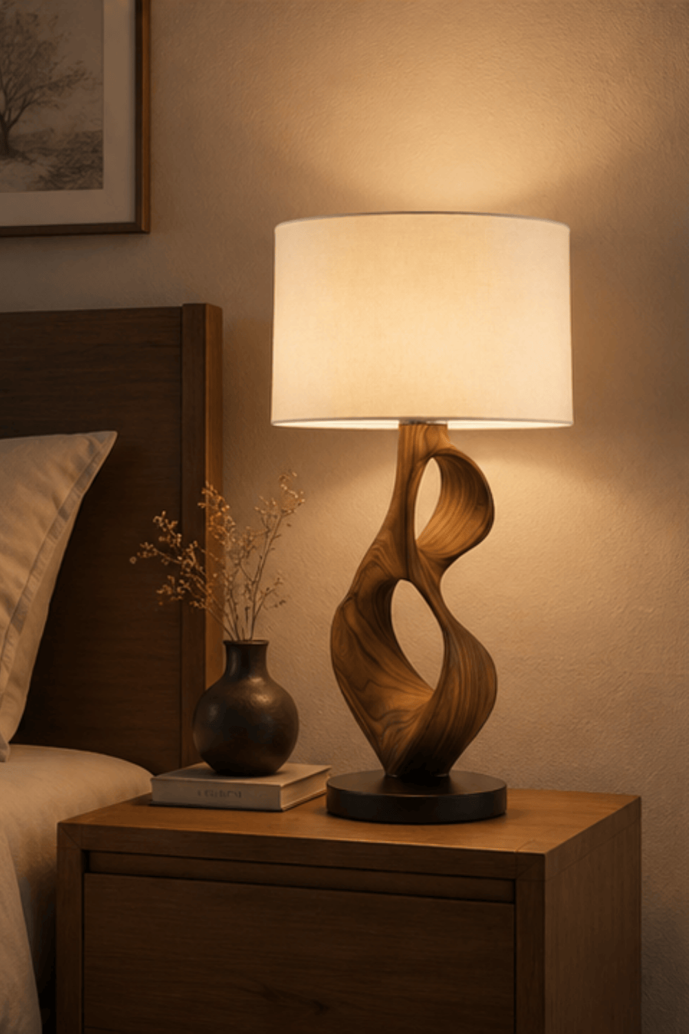 Modern Wooden Table Lamp Handcrafted Sculptural Bedside Light for Home Decor