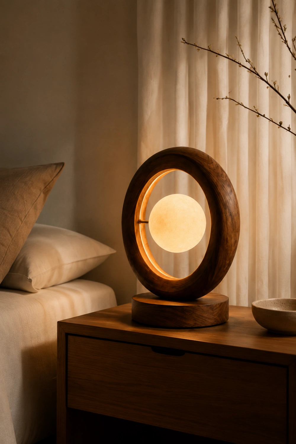 Modern Minimalist Circular Wood Table Lamp Aesthetic Floating Globe Desk Light