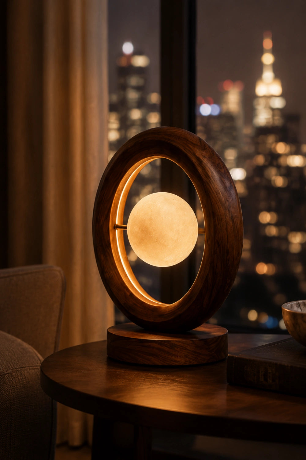 Modern Minimalist Circular Wood Table Lamp Aesthetic Floating Globe Desk Light