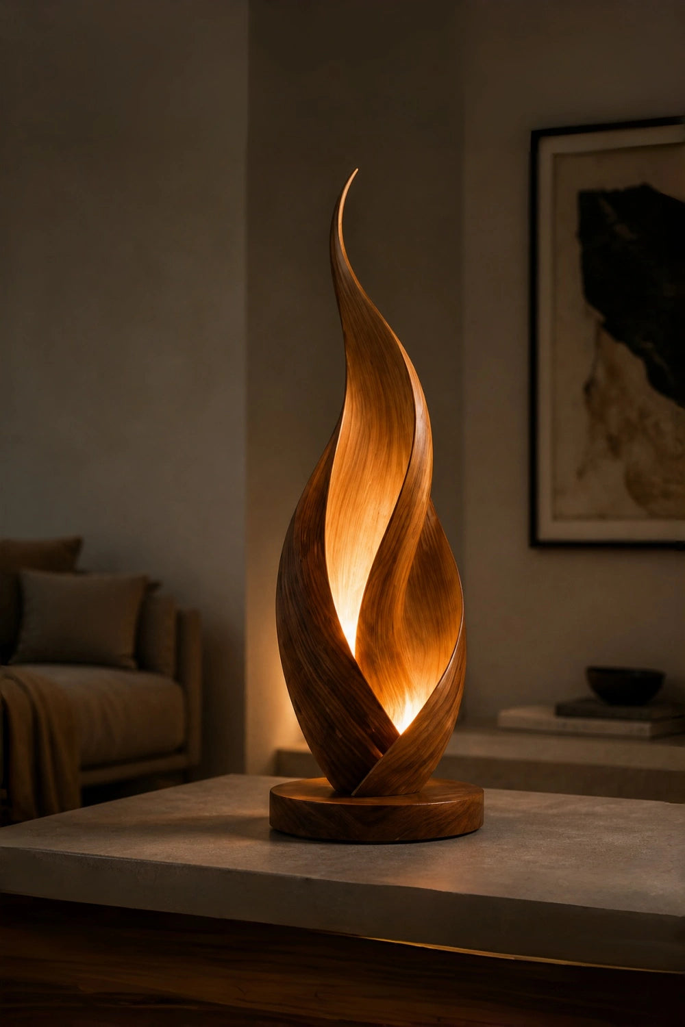 Modern Flame Spiral Wood Table Lamp | Unique Twisted Handcrafted Mood Light