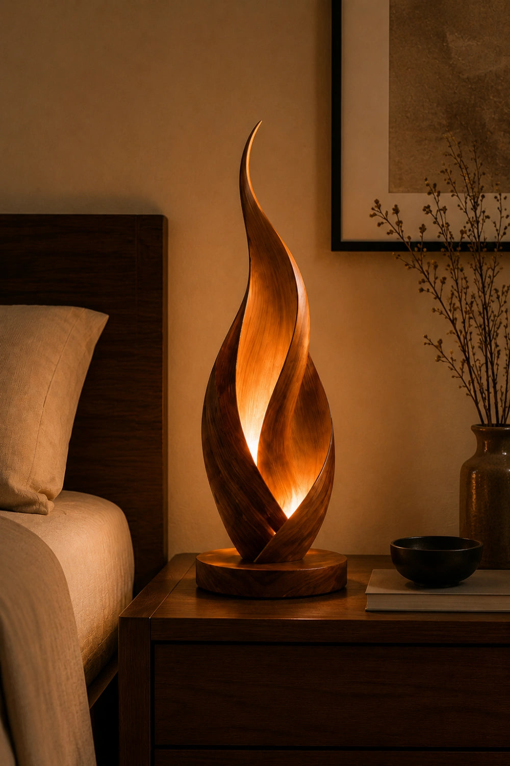 Modern Flame Spiral Wood Table Lamp | Unique Twisted Handcrafted Mood Light
