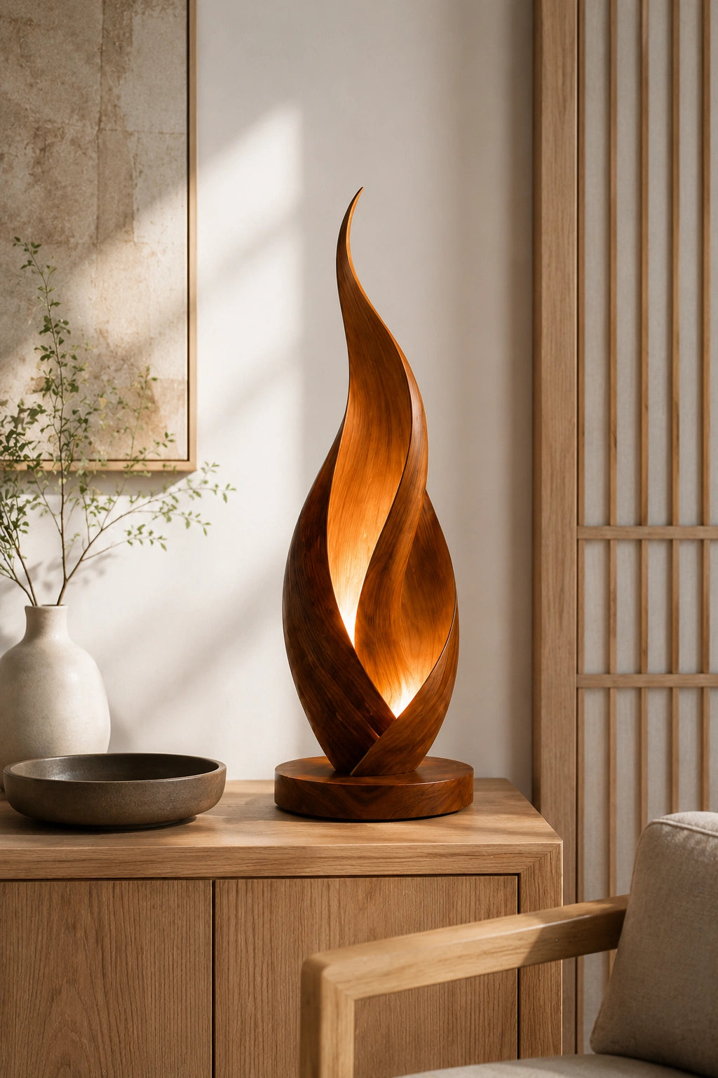 Modern Flame Spiral Wood Table Lamp | Unique Twisted Handcrafted Mood Light
