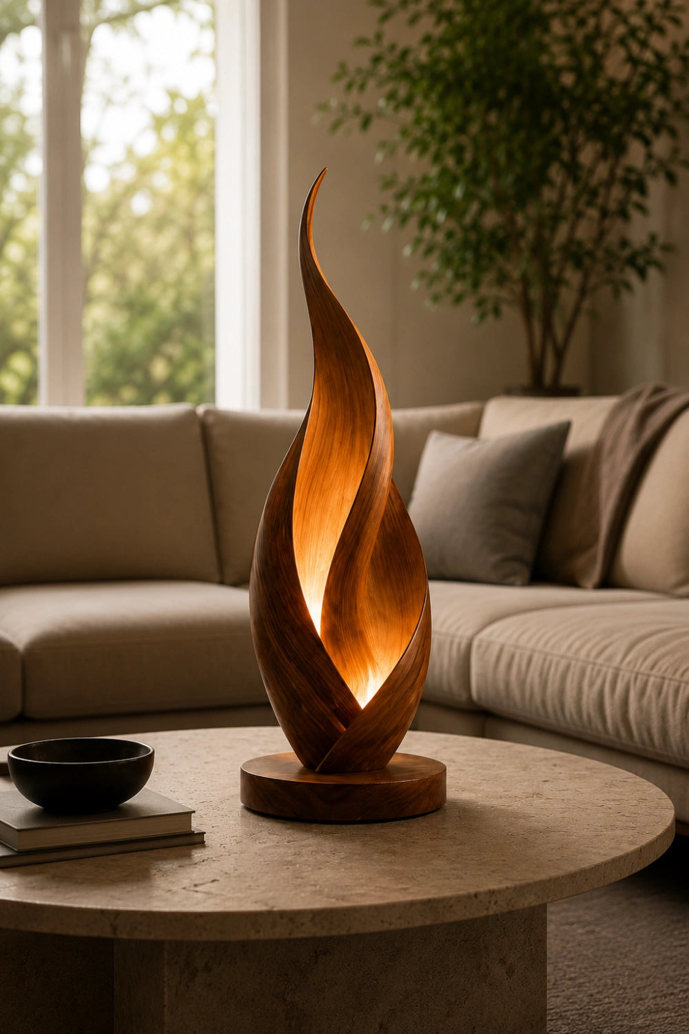 Modern Flame Spiral Wood Table Lamp | Unique Twisted Handcrafted Mood Light