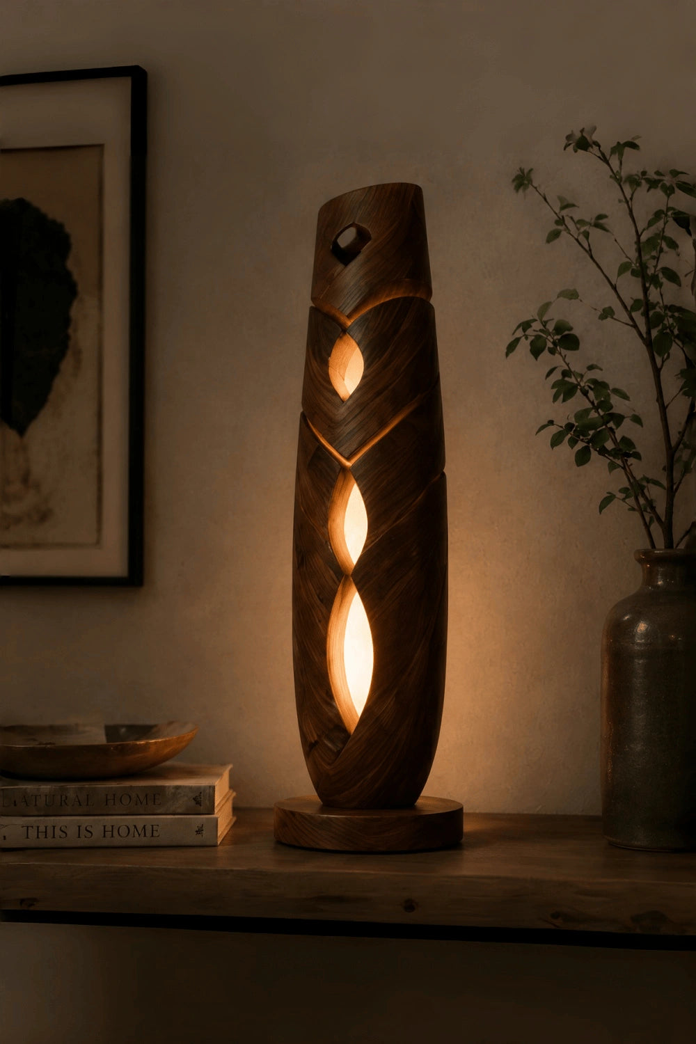 Tall Lattice Wood Sculpture Lamp | Handcrafted Vertical Ambient Light Decor