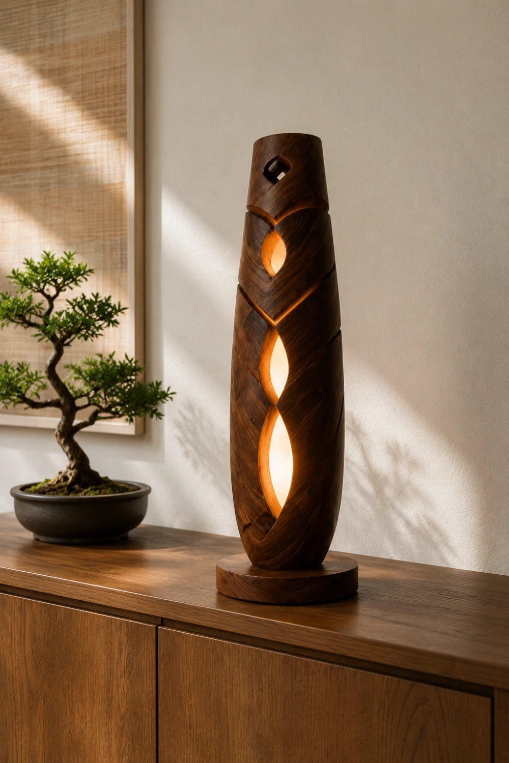 Tall Lattice Wood Sculpture Lamp | Handcrafted Vertical Ambient Light Decor