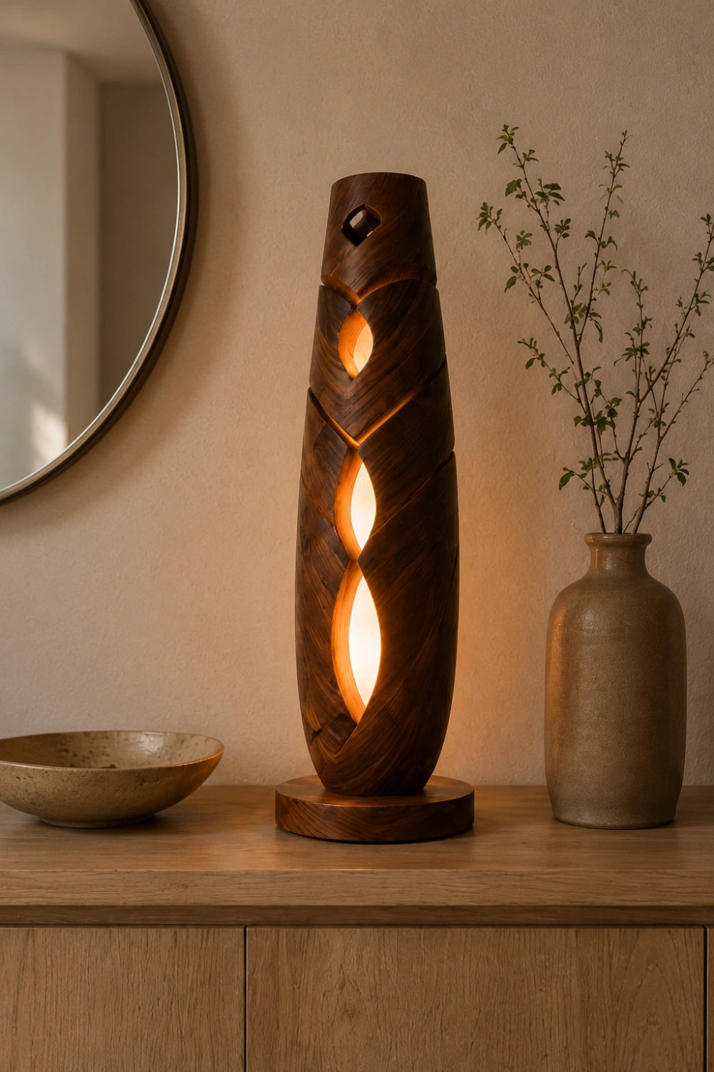 Tall Lattice Wood Sculpture Lamp | Handcrafted Vertical Ambient Light Decor
