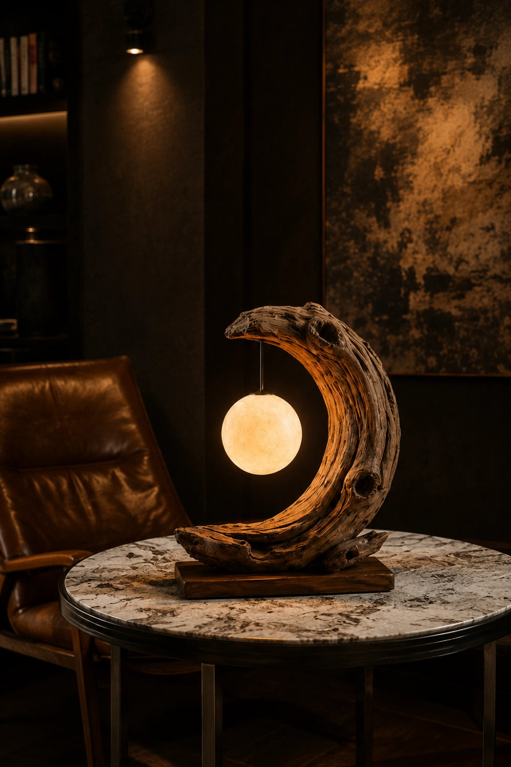 Rustic Driftwood Table Lamp with Glowing Orb | Natural Wood Decoration