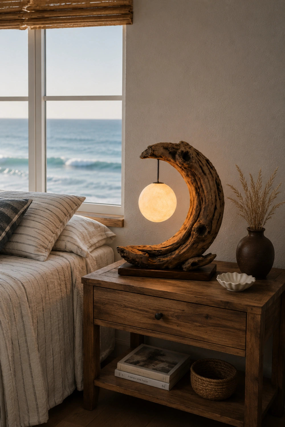 Rustic Driftwood Table Lamp with Glowing Orb | Natural Wood Decoration