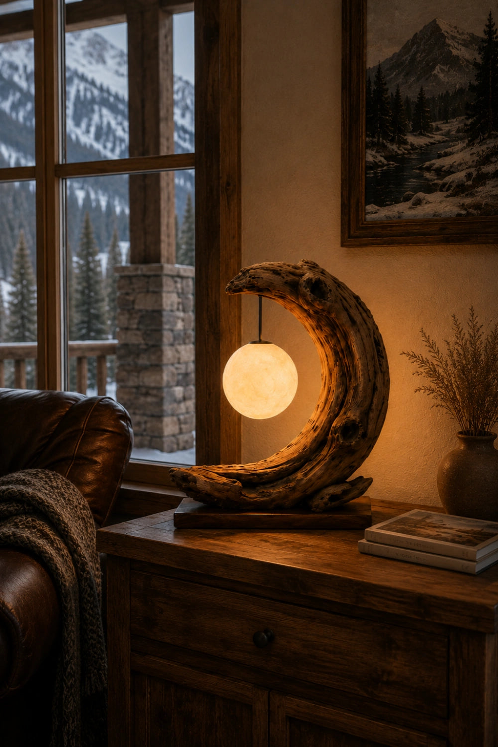 Rustic Driftwood Table Lamp with Glowing Orb | Natural Wood Decoration