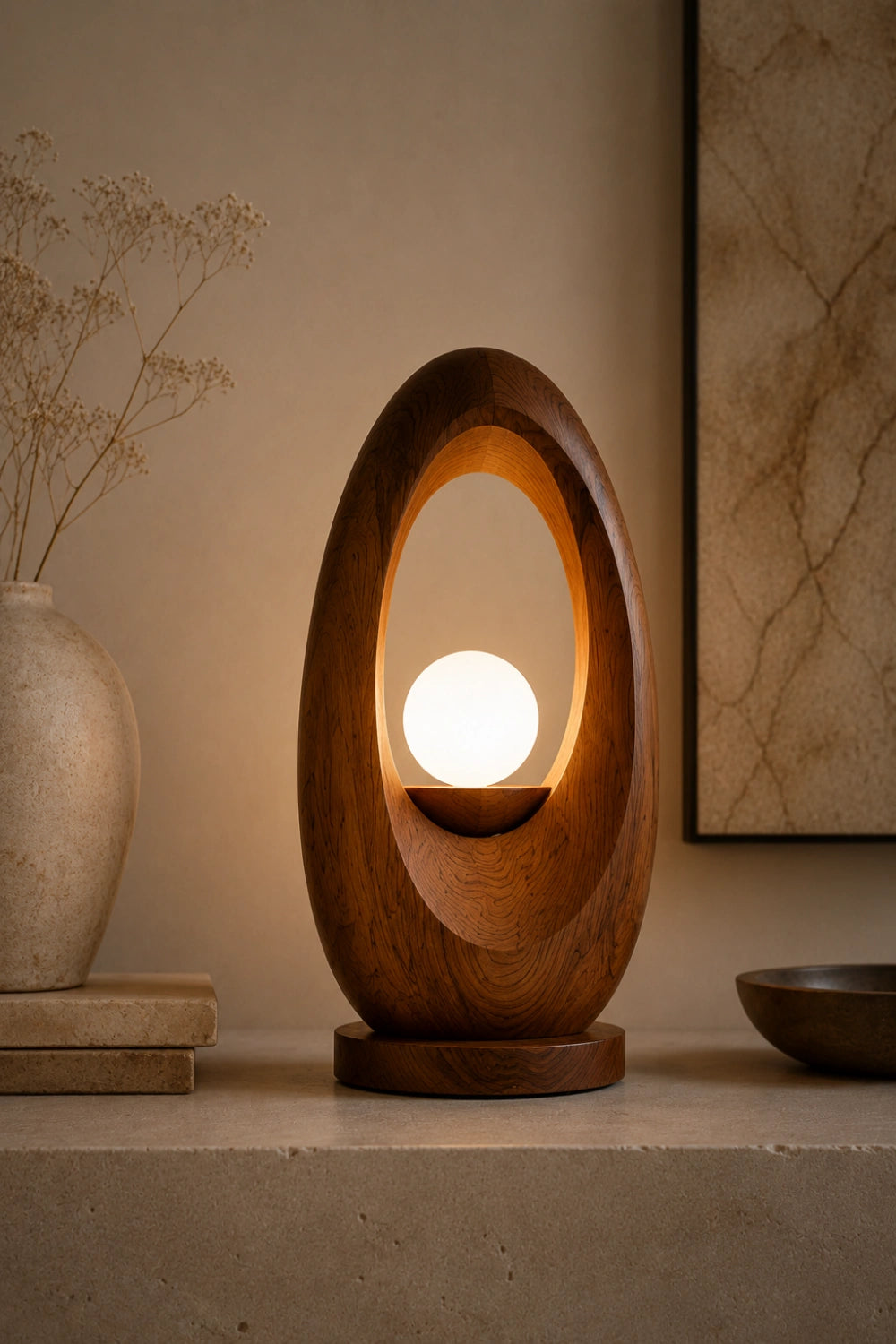Zen Oval Wood Table Lamp | Organic Minimalist Bedside Light for Home Decoration