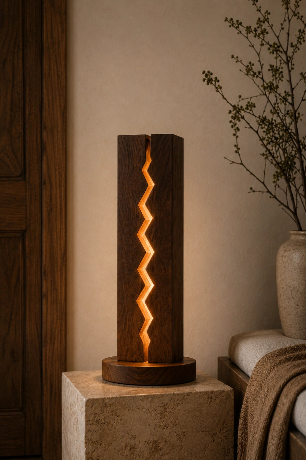 Modern Zigzag Wood Column Lamp | Unique Geometric Home Decoration Gift