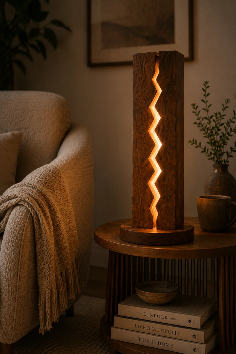 Modern Zigzag Wood Column Lamp | Unique Geometric Home Decoration Gift
