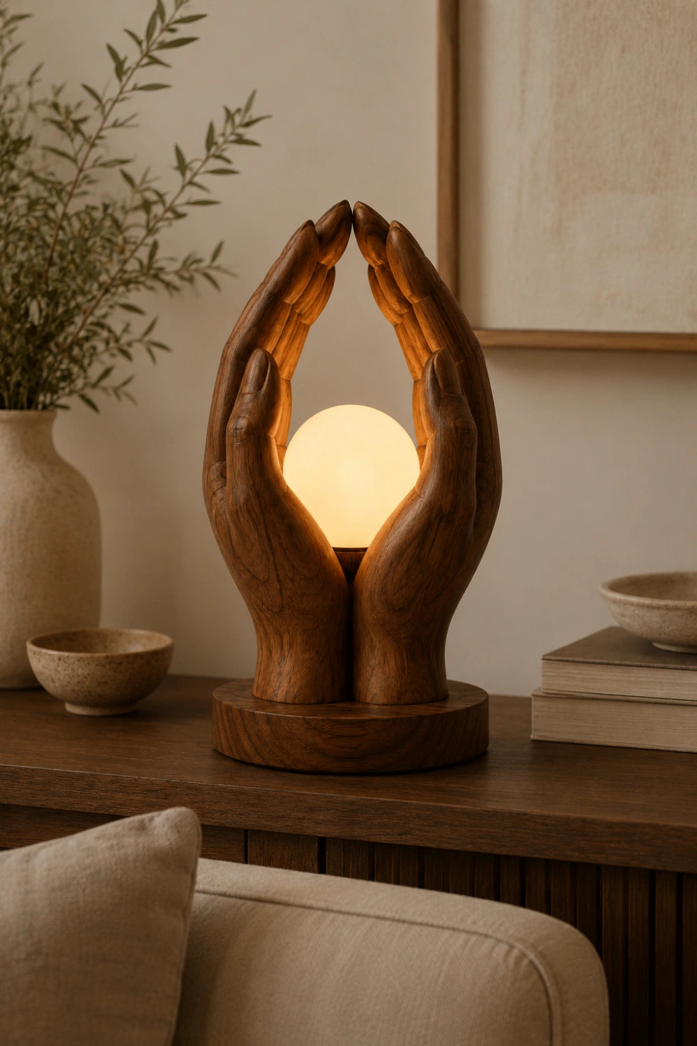Creative Wood Cupped Hands Lamp | Unique Orb Light for Home Decoration