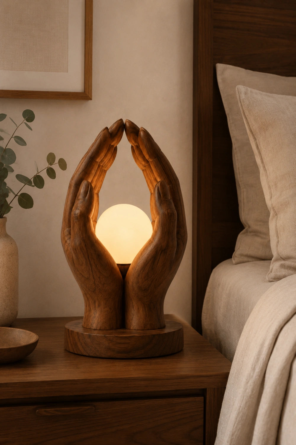 Creative Wood Cupped Hands Lamp | Unique Orb Light for Home Decoration
