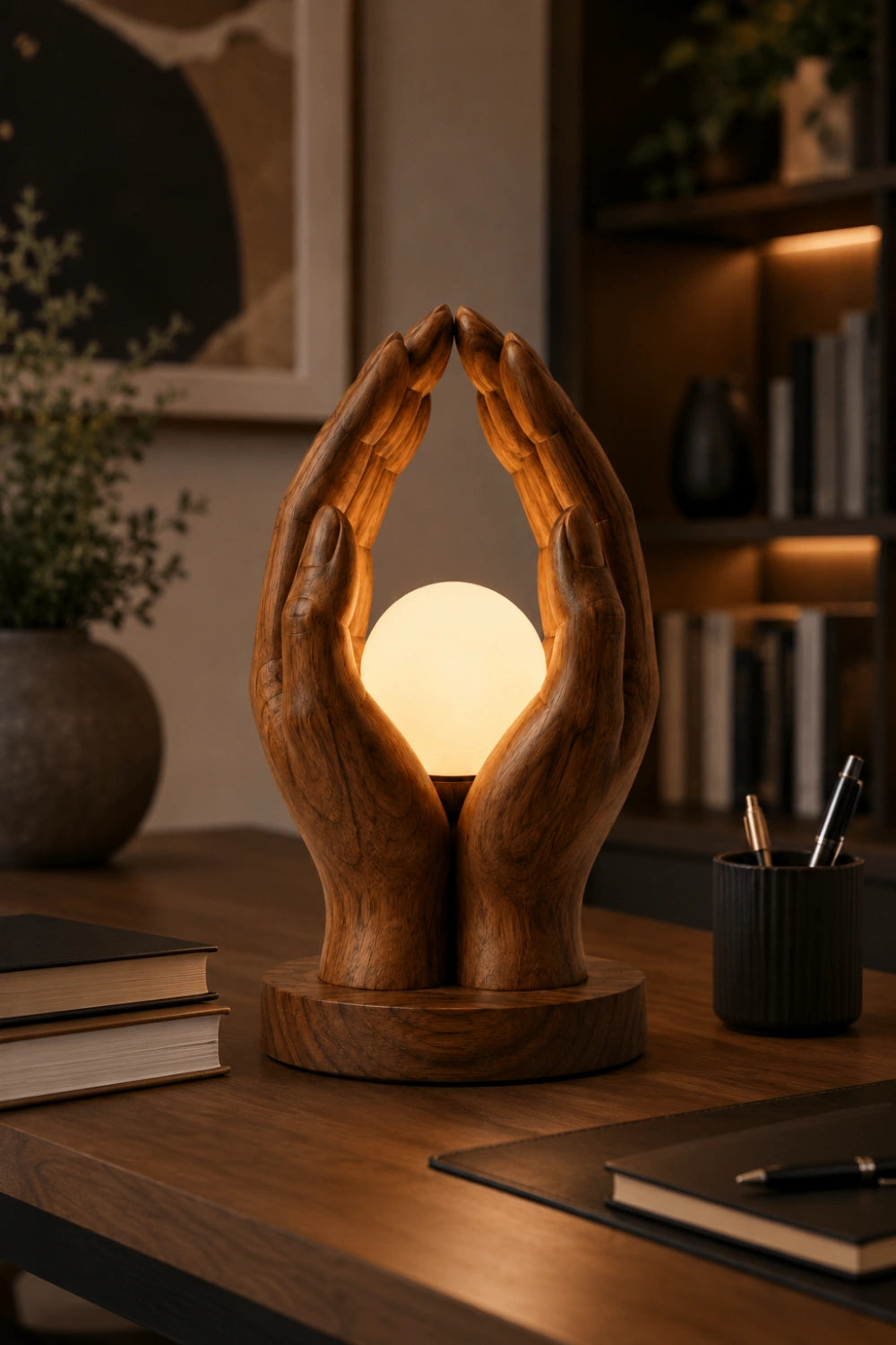 Creative Wood Cupped Hands Lamp | Unique Orb Light for Home Decoration