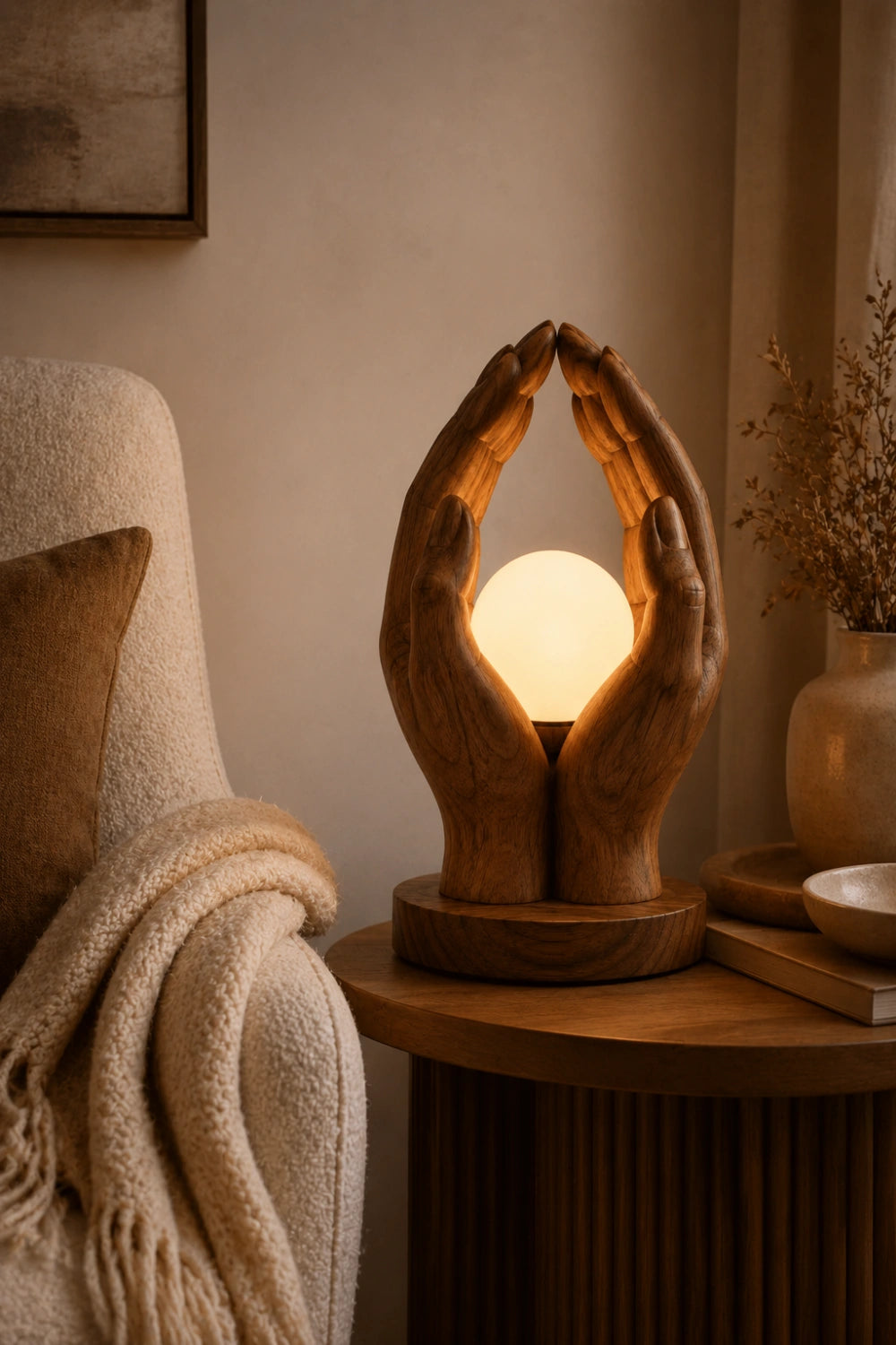Creative Wood Cupped Hands Lamp | Unique Orb Light for Home Decoration