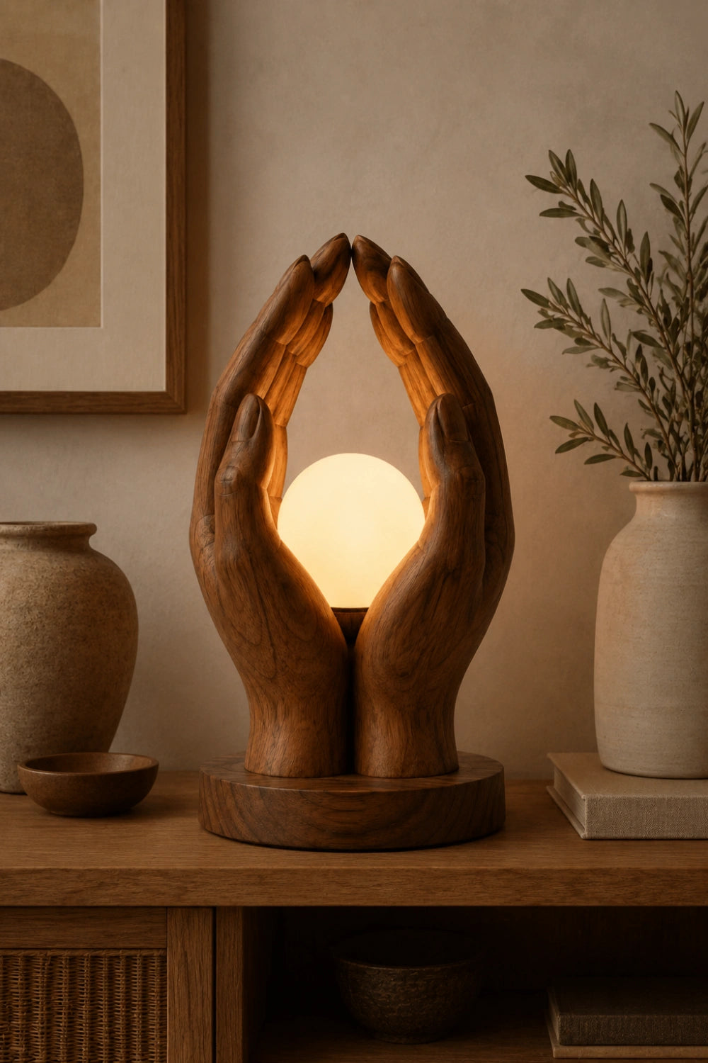 Creative Wood Cupped Hands Lamp | Unique Orb Light for Home Decoration