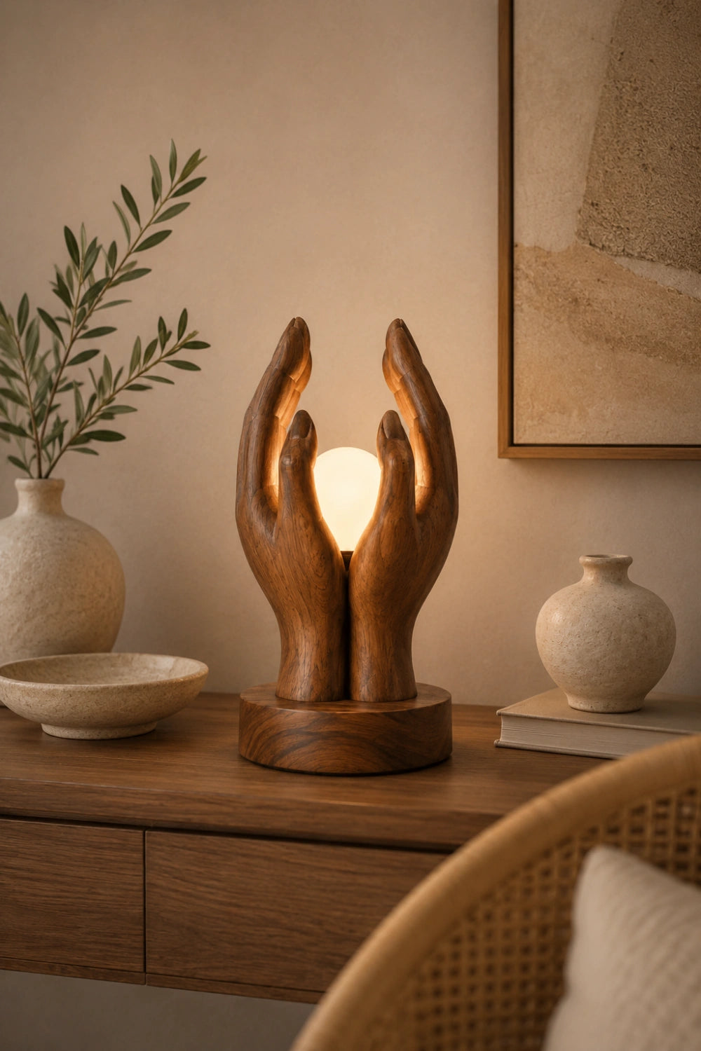 Creative Wood Cupped Hands Lamp | Unique Orb Light for Home Decoration