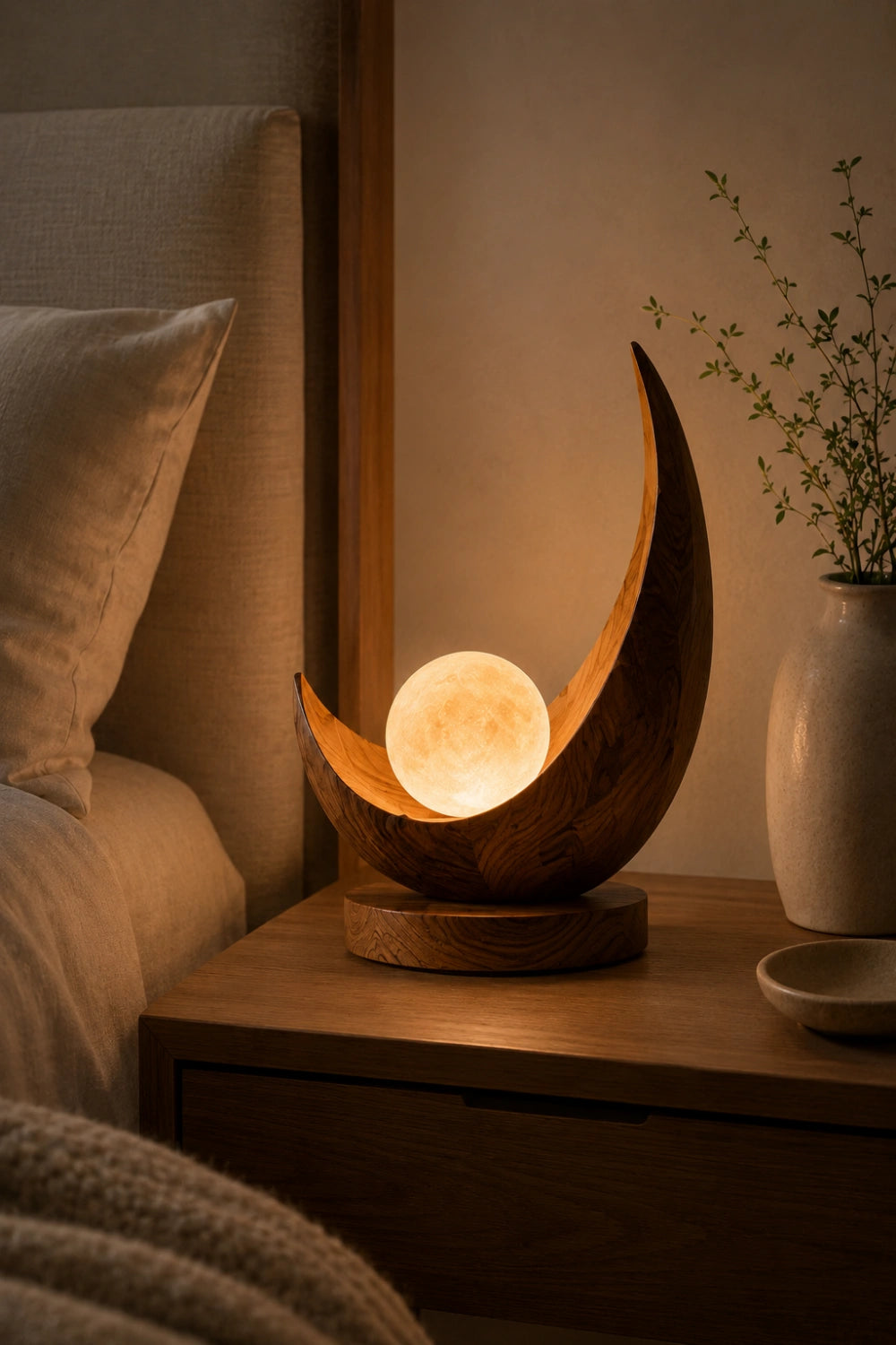 Celestial Crescent Wood Lamp | Modern Moon Orb Sculpture | Ornamental Gift for Home Decor
