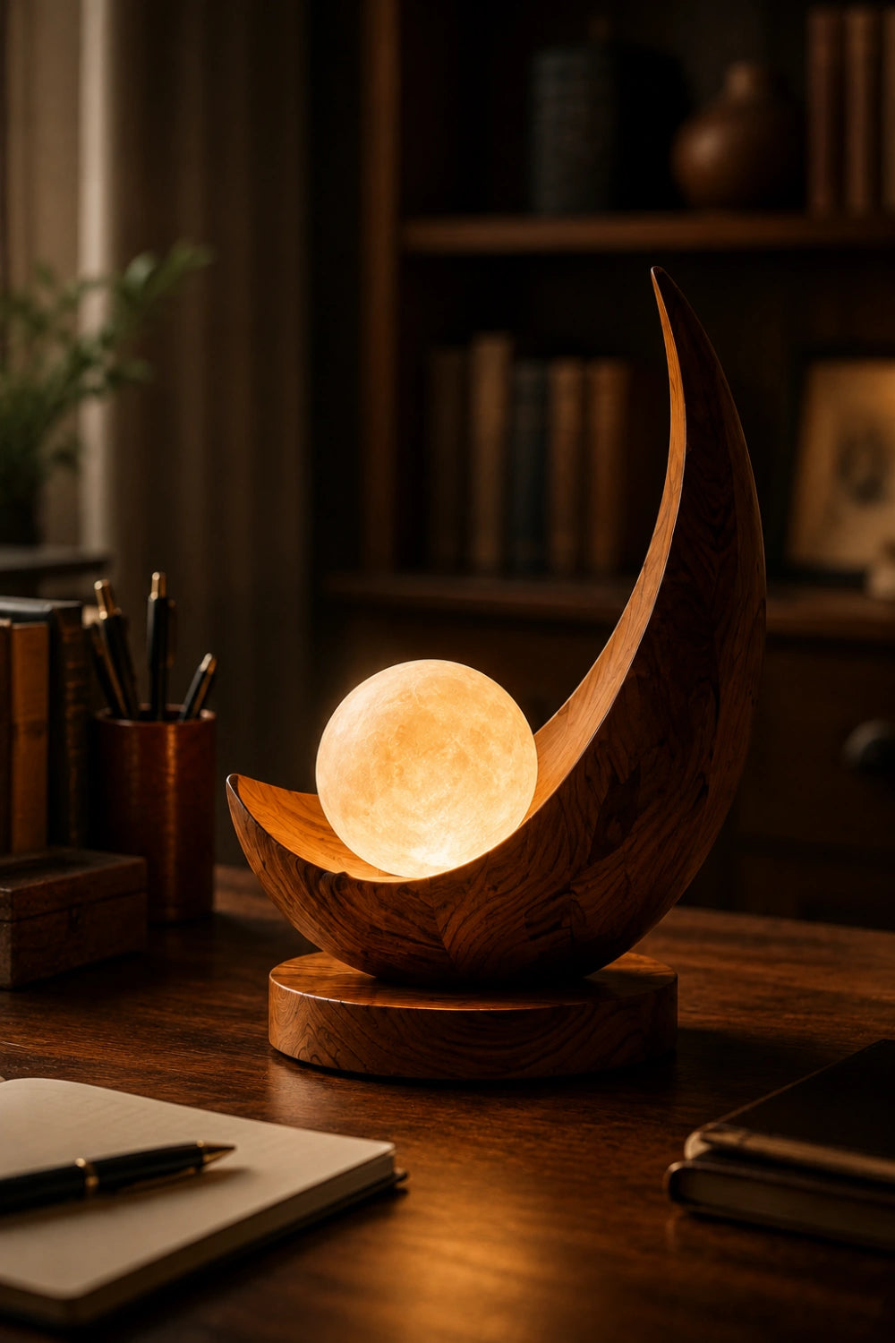 Celestial Crescent Wood Lamp | Modern Moon Orb Sculpture | Ornamental Gift for Home Decor