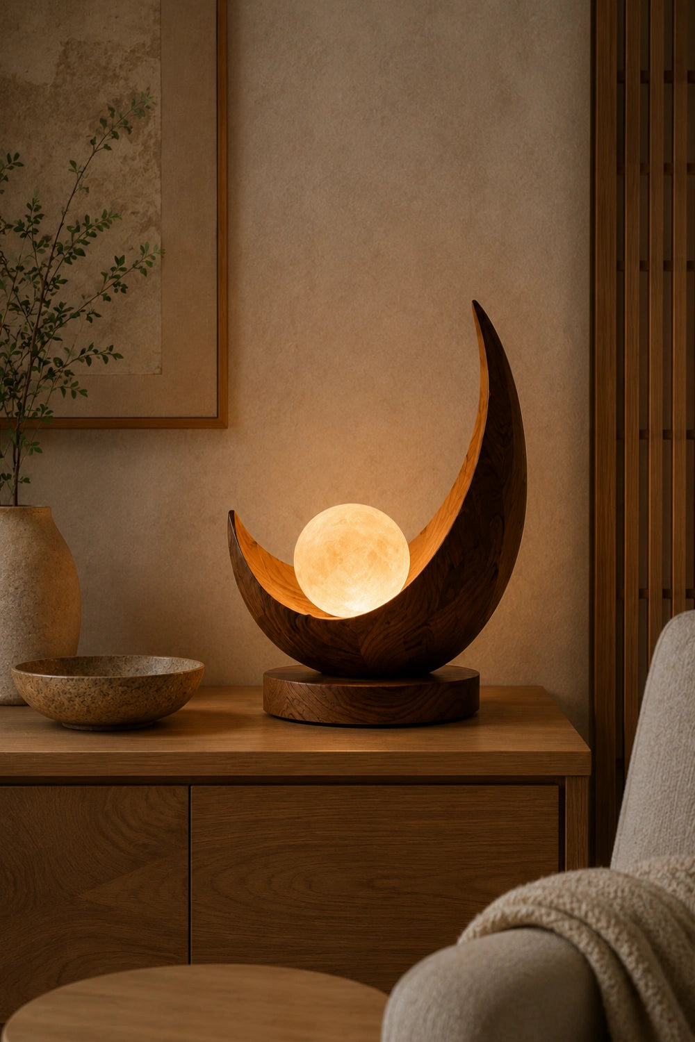Celestial Crescent Wood Lamp | Modern Moon Orb Sculpture | Ornamental Gift for Home Decor
