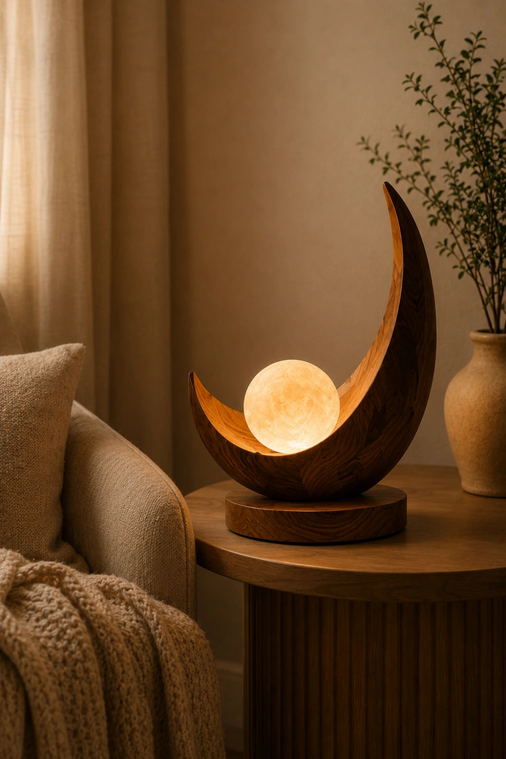 Celestial Crescent Wood Lamp | Modern Moon Orb Sculpture | Ornamental Gift for Home Decor