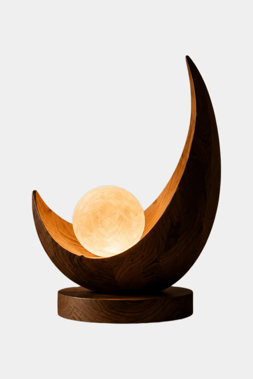 Celestial Crescent Wood Lamp | Modern Moon Orb Sculpture | Ornamental Gift for Home Decor